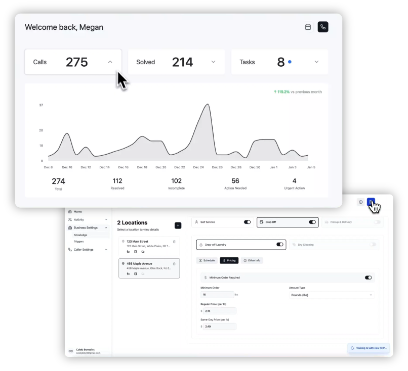 Laundromat AI features overview including call handling and email management