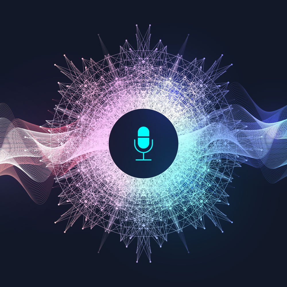 Abstract digital art of a glowing microphone icon surrounded by neural network connections and flowing audio waveforms.