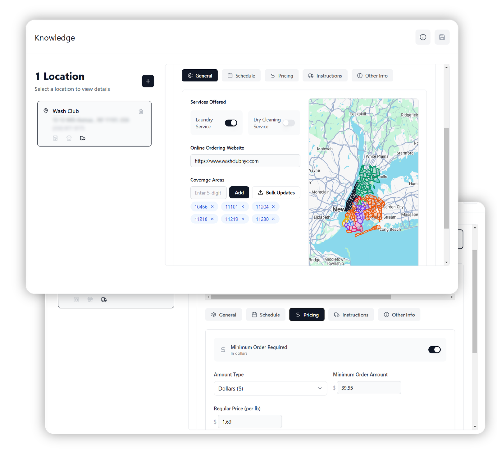 AI dashboard showing service availability, online ordering link, delivery coverage ZIP codes, and minimum pricing for laundry services.