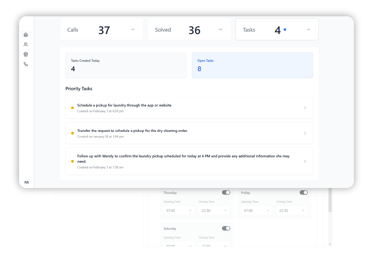 Laundromat AI dashboard showing total calls, solved tasks, and open task tracking with priority laundry pickup requests.