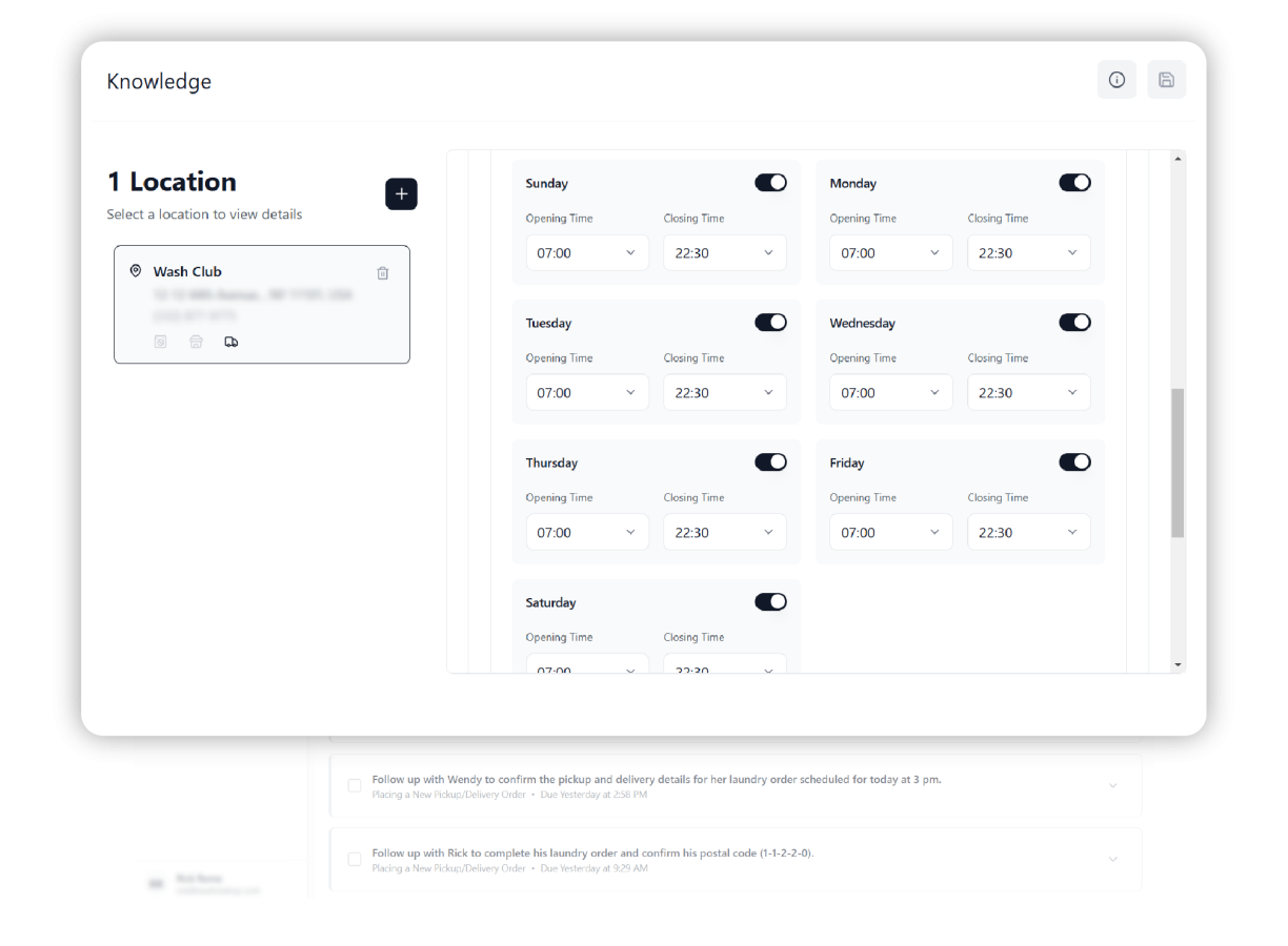 AI dashboard interface showing business hours and location settings for a laundromat with customizable open and close times.