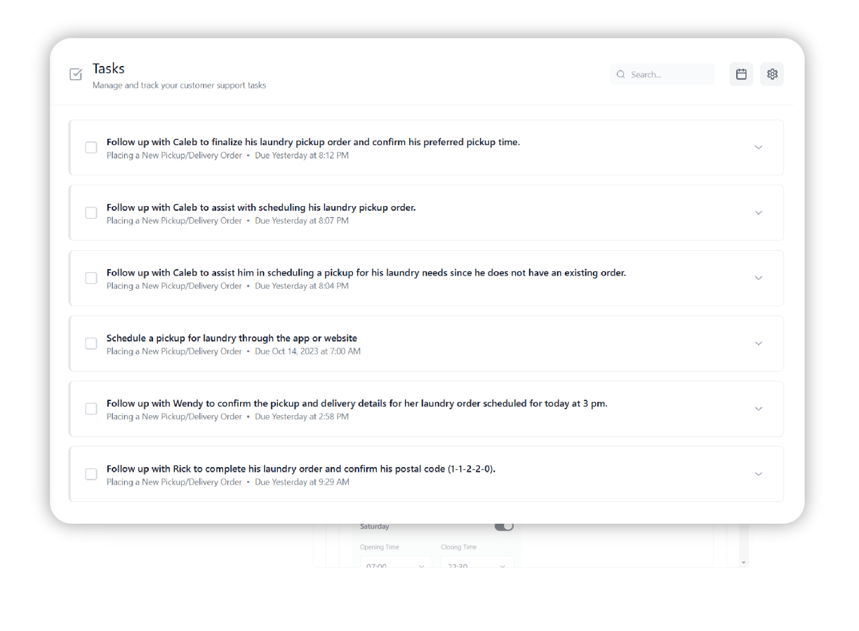 AI task management screen showing follow-up messages for laundry pickup scheduling and customer order confirmations.