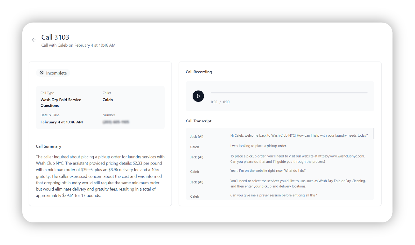 AI assistant interface showing a recorded call summary, transcript, and service pricing discussion for a laundromat customer.