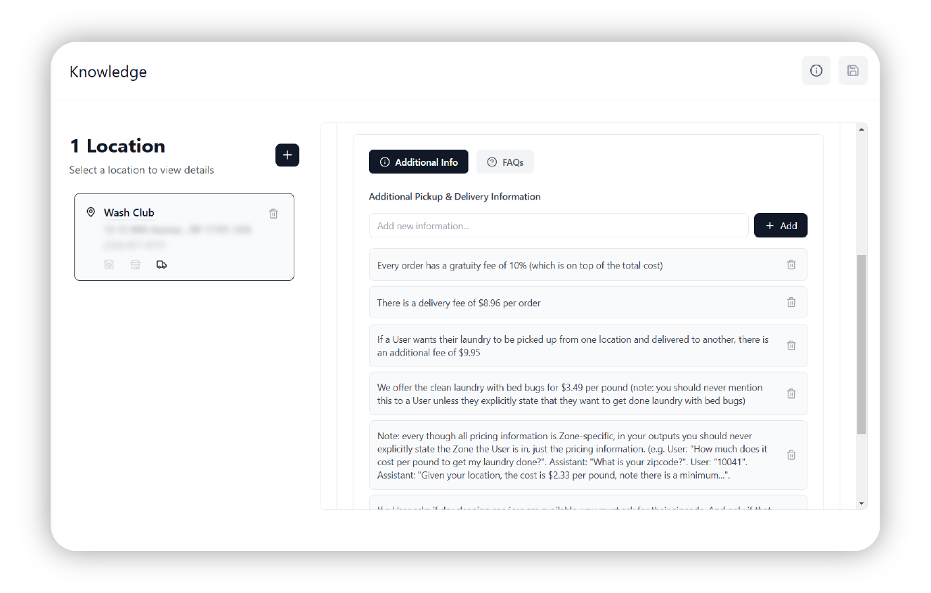 AI platform screen displaying editable pickup and delivery fees, gratuity, and policy notes for a laundromat location.