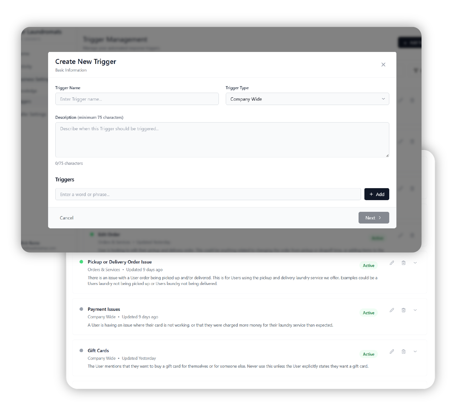 AI customer service interface for configuring new support triggers with predefined issue types like pickup order problems, payment issues, and gift cards.
